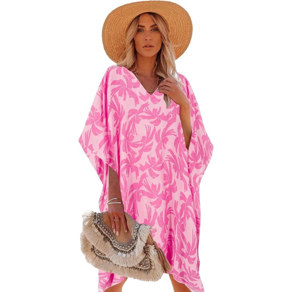 Women's 1 Rose Red 100% Viscose Kaftan for Bathing Swimsuit Floral Pattern Dress